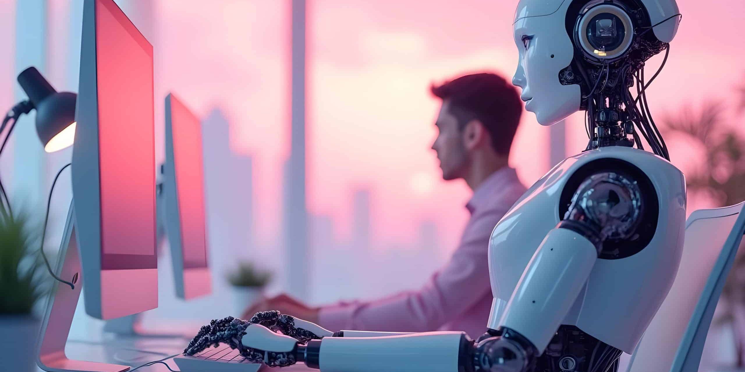 A humanoid robot working with a human in a sleek, minimalist office environment ia
