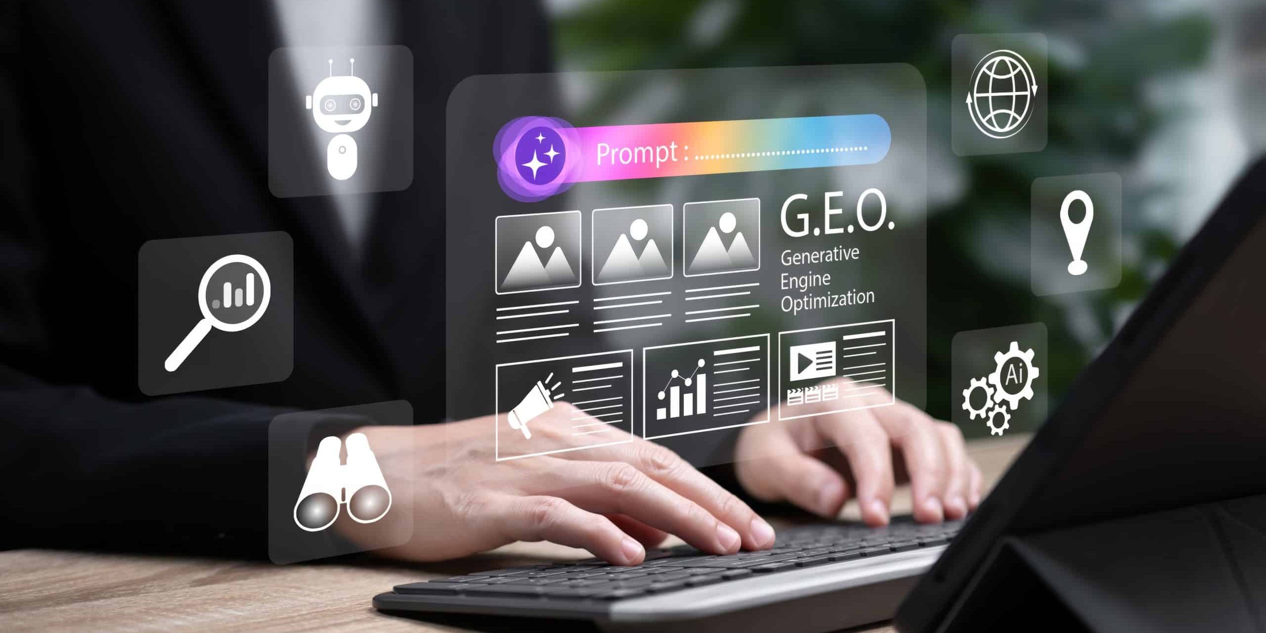 Generative Engine Optimization (GEO) Concept, Businesswoman using AI Technology for Proactive Search Ranking,Website Data Network Intelligence, Digital Assistant,Online SEO Innovation,Marketing Growth