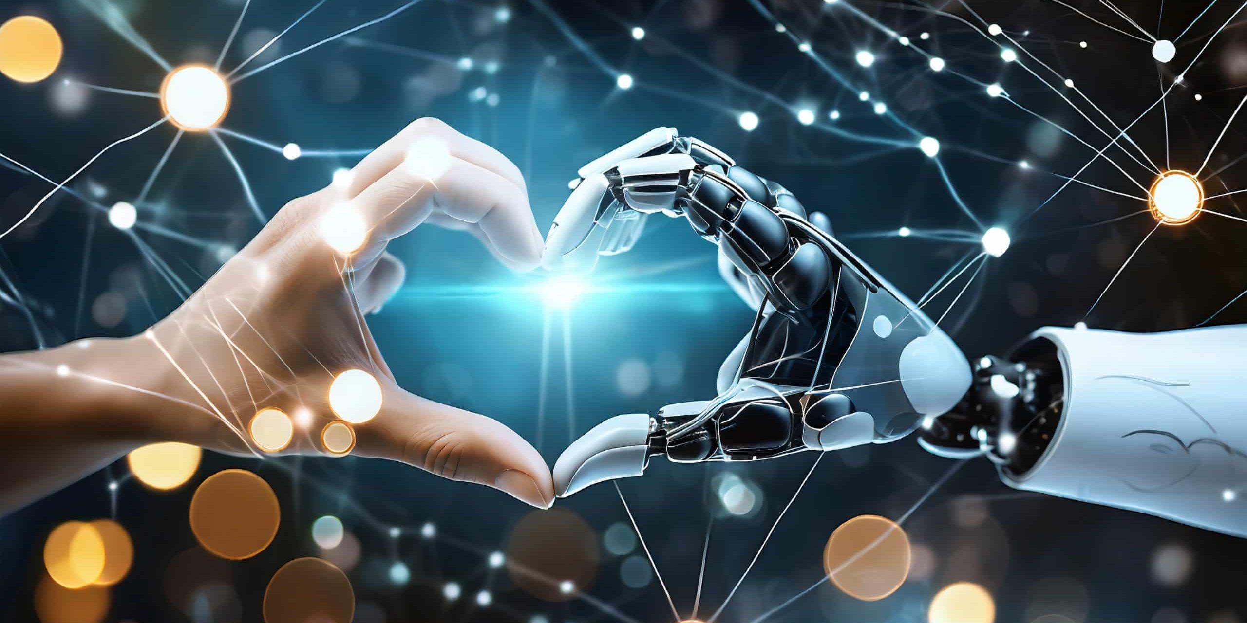 main de robot et d'homme en forme de cœur, concept IA, technologie, intelligence