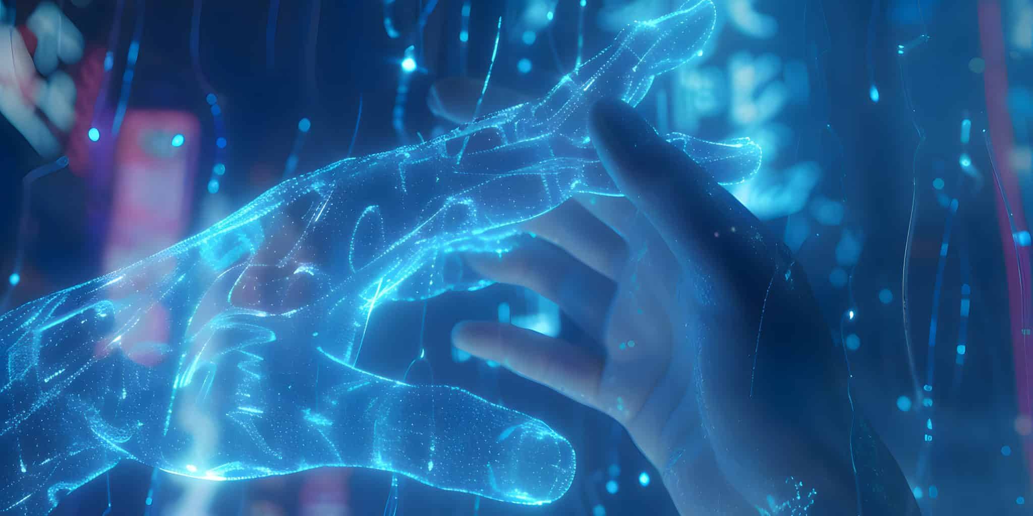 Contact between a cyber hand hand a human hand - Technologies and artificial intelligence concept