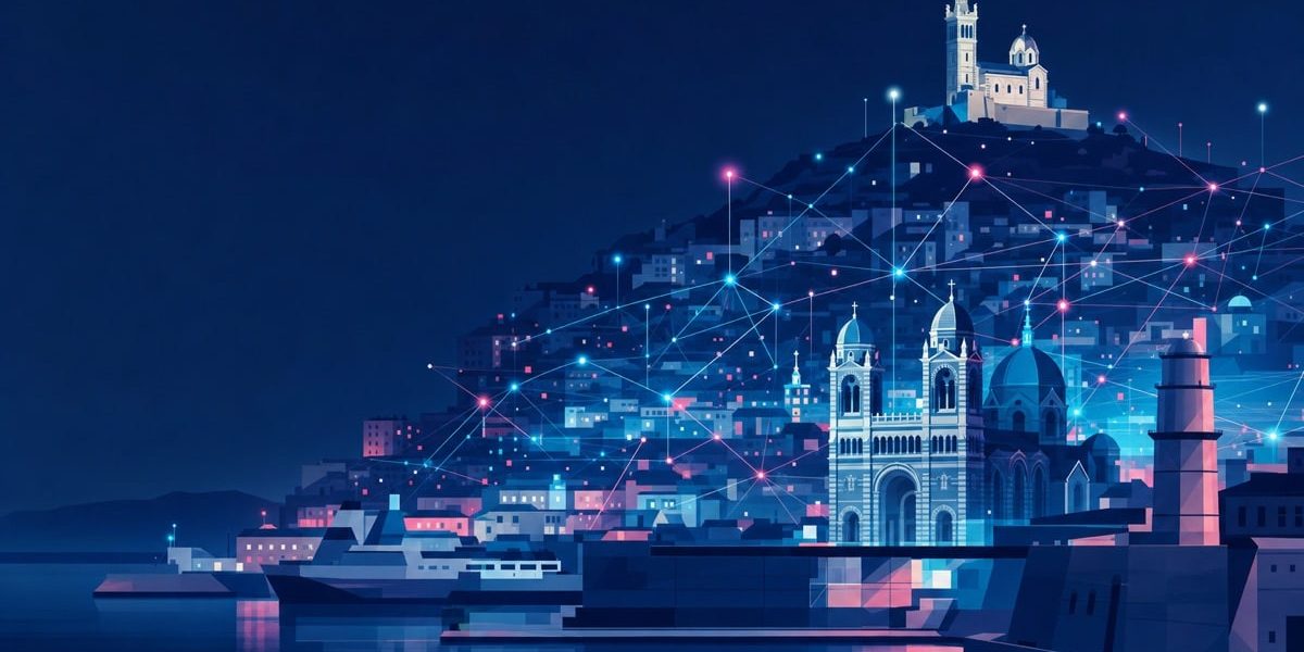 IA a Marseille : le port, la Bonne Mere et les quartiers relies par un reseau de donnees Vue stylisee du port de Marseille de nuit, quartiers relies par un reseau de points lumineux evoquant l'intelligence artificielle