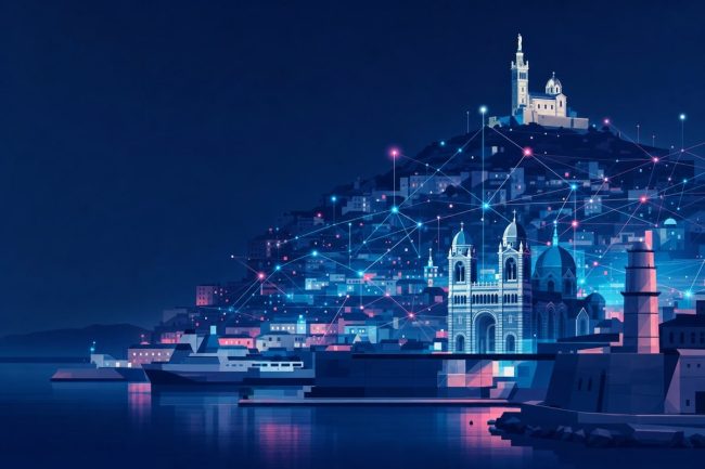 Vue stylisee du port de Marseille de nuit, quartiers relies par un reseau de points lumineux evoquant l'intelligence artificielle