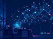 Illustration : un bureau de PME relié à un vaste réseau d’intelligence artificielle, à côté d’un graphique aux barres encore basses