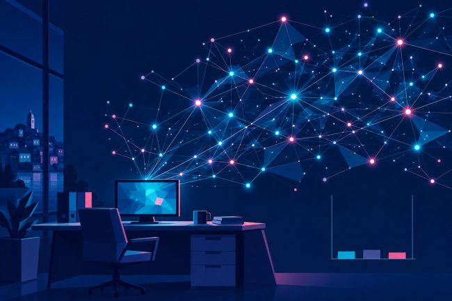 Illustration : un bureau de PME relié à un vaste réseau d’intelligence artificielle, à côté d’un graphique aux barres encore basses