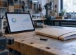Tablette affichant un tableau de bord sur l'établi d'un atelier d'artisan, à côté d'un dossier et d'une clé USB