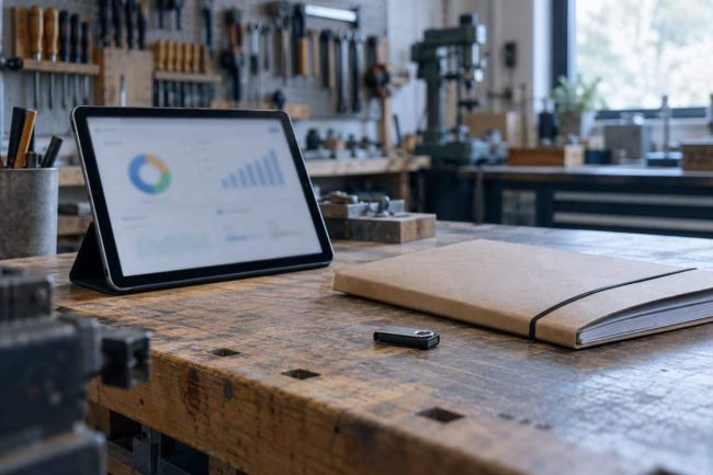 Tablette affichant un tableau de bord sur l'établi d'un atelier d'artisan, à côté d'un dossier et d'une clé USB