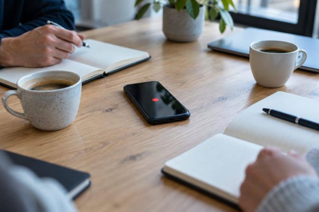 Smartphone en enregistrement posé sur une table de réunion en bois, entre carnets ouverts et tasses de café