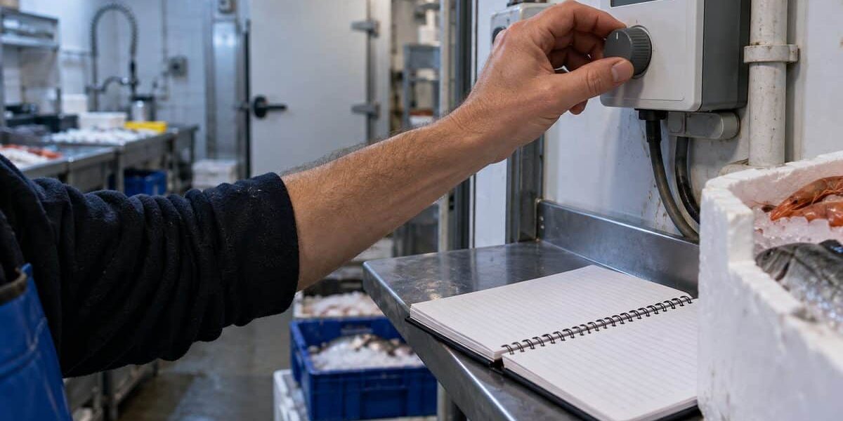 Arrière-boutique alimentaire où une main règle le boîtier de contrôle d'une chambre froide près d'un carnet de relevés de température.