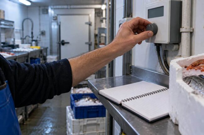 Arrière-boutique alimentaire où une main règle le boîtier de contrôle d'une chambre froide près d'un carnet de relevés de température.