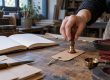 Main d'artisan apposant un sceau de cire sur une étiquette dans un atelier, à côté d'un carnet de commandes ouvert.