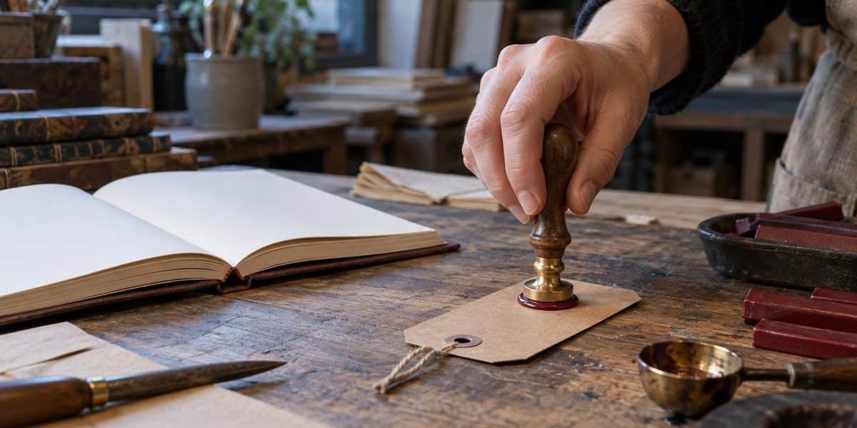 Main d'artisan apposant un sceau de cire sur une étiquette dans un atelier, à côté d'un carnet de commandes ouvert.