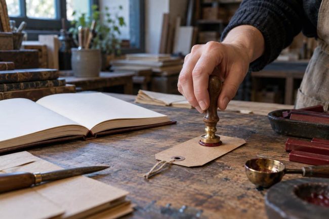 Main d'artisan apposant un sceau de cire sur une étiquette dans un atelier, à côté d'un carnet de commandes ouvert.