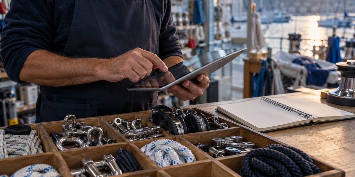 Commerçant tenant une tablette au comptoir d'une boutique d'accastillage près du port de Toulon, entouré de cordages et pièces nautiques.