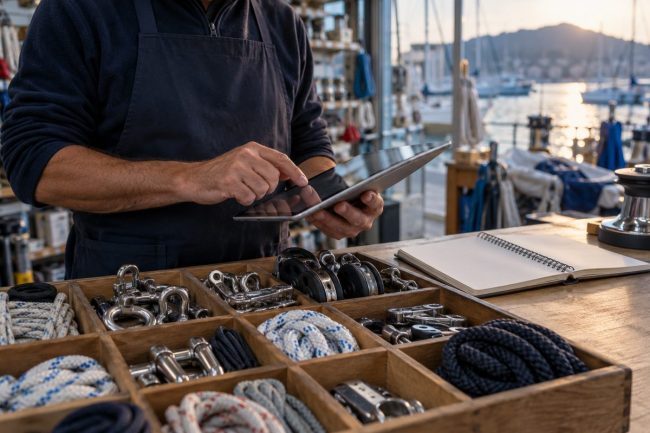Commerçant tenant une tablette au comptoir d'une boutique d'accastillage près du port de Toulon, entouré de cordages et pièces nautiques.