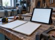 Comptoir d'atelier d'artisan avec carnet de devis papier et tablette tactile affichant un formulaire de devis, entourés d'outils d'établi.