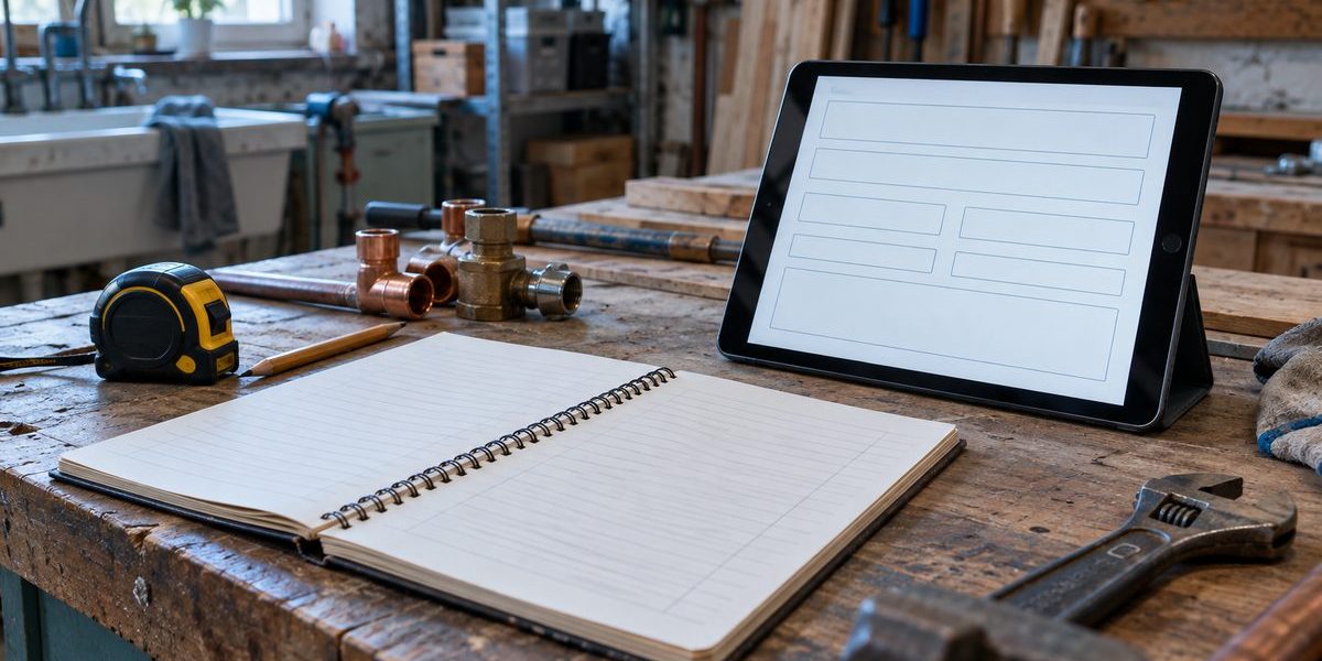 Comptoir d'atelier d'artisan avec carnet de devis papier et tablette tactile affichant un formulaire de devis, entourés d'outils d'établi.