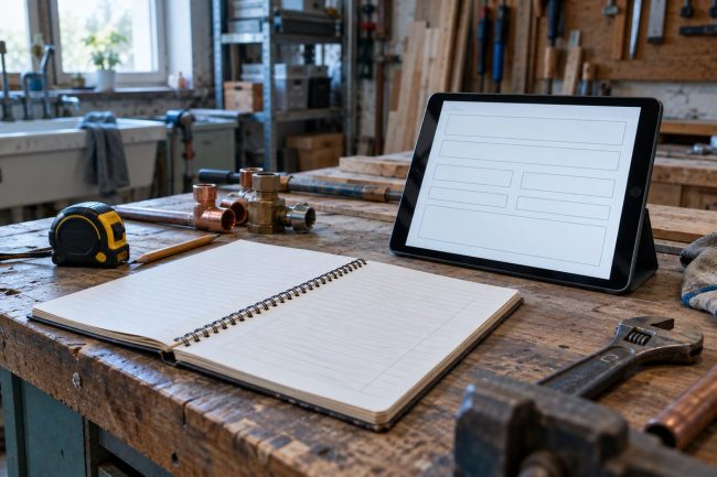 Comptoir d'atelier d'artisan avec carnet de devis papier et tablette tactile affichant un formulaire de devis, entourés d'outils d'établi.